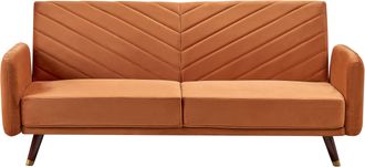 Beliani Sof&aacute; Cama 3 Plazas De Terciopelo Naranja Madera Oscura Reclinable Senja
