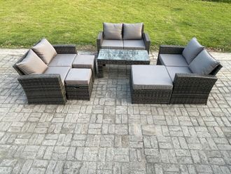 Fimous Outdoor U Shape Sofa Set Wicker PE Rattan Garden Furniture Set with Coffee Table Double Seat Sofa 3 Footstools in Dark Grey