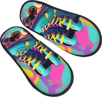 Generic Retro Colorful Roller Skates Unisex Slippers Warm Shoes Fluffy House Slippers For Outdoor Winter Indoor L