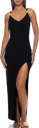 Luli Fama Gilded Butterfly Fitted Side Slit Maxi Dress in Black at Nordstrom, Size X-Small