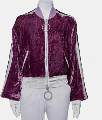 Off-white Purple Crushed Velvet Zipper Front Bomber Jacket