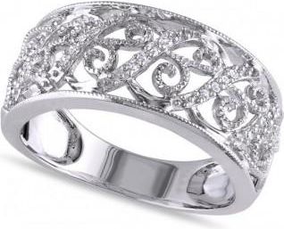 Allurez Ladies Pave Set Filigree Diamond Ring 14k White Gold 0.10ct