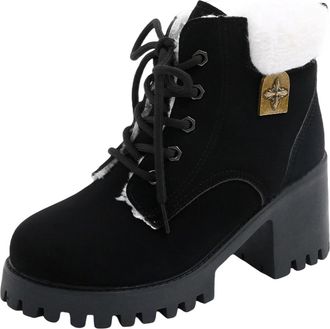 Generic Womens Winter Boots Chunky Block Heel Lace Up Booties Stylish Fleece Lined Non-Slip Thick Sole Non-Slip Warm Ankle Boots Office Outdoor
