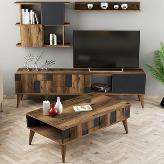 Dmora Set Mobili Da Soggiorno Segrate, Modulabile, 9 Ripiani, 2 Ante, Marrone Noce