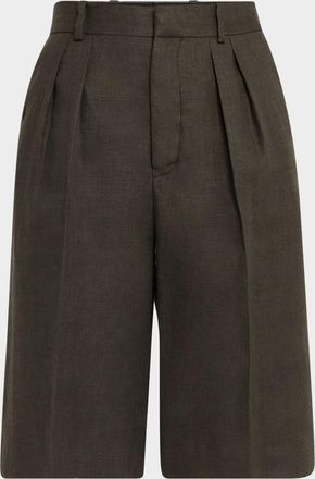 Loro Piana Digby Pleated Structured Linen Wool Bermuda Shorts