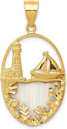 Diamond2Deal 14k Yellow Gold Lab Created Opal Lighthouse Sailboat Pendant