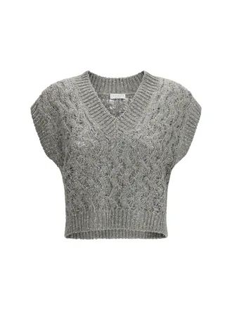 Brunello Cucinelli Womens Vest Silk-Blend Sequined Rosemary Knitwear Sweater