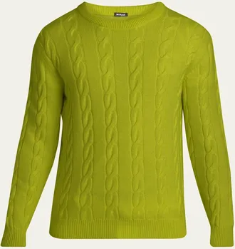Kiton Mens 3-Ply Cashere Cable Knit Crewneck Sweater