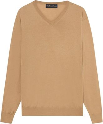 Brooks Brothers Merino Wol V-hals Trui - Heren - V-hals truien - Bruin - XL - Wol - Truien & Vesten