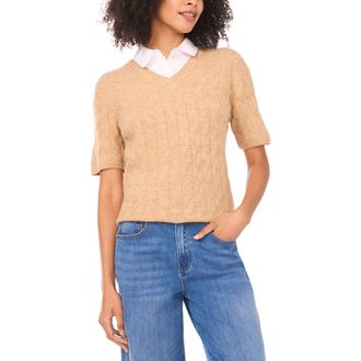 Vince Camuto Layered Look Cable Short Sleeve Sweater in Latte Heather at Nordstrom, Size X-Small