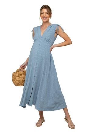 Pinkblush Button-Down Polka Dot Shirred Bow Midi Dress in Blue at Nordstrom, Size Medium