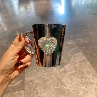 OEM Taza De Caf&eacute; De Acero Inoxidable Con Forma De Coraz&oacute;n Y Diamantes De Imitaci&oacute;n De Cristal - Taza Peque&ntilde;a Para Acampar Con Asa