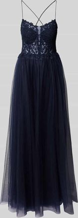 Vera Mont Abendkleid mit Spitzenbesatz in Marine, Größe 38