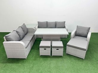 Fimous 10 Seater Poly Rattan Outdoor Garden Furniture Adjustable Lifting Dining or Coffee Table Sofa Set Patio 3 Seater Sofa Reclining Chair 3 Seater