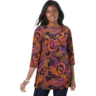 Jessica London Stretch Cotton Boatneck Tunic in Black Multi Paisley at Nordstrom, Size 12