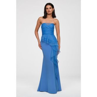 Theia Morgan Crepe And Organza Gown in Ocean Breeze Blue at Nordstrom, Size 14