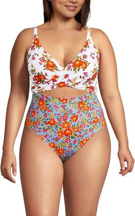 Lands End Wrap Monokini High Leg One Piece Swimsuit in White/blue Spring Floral at Nordstrom, Size 18W