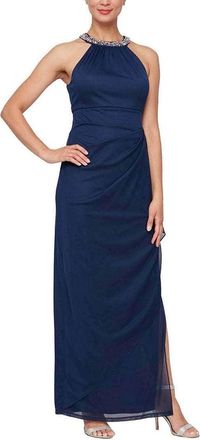 Alex Evenings Beaded Halter Neck Long Dress In Navy