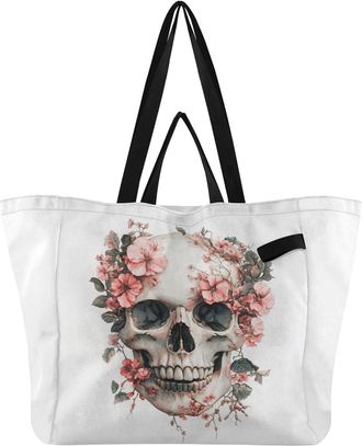 Generic Flower Skull Pink Flower print Reusable Canvas Tote Bag, Heavy Duty Grocery Shopping Bag with Double Handles Hard Bottom Large Capacity Work Groceries