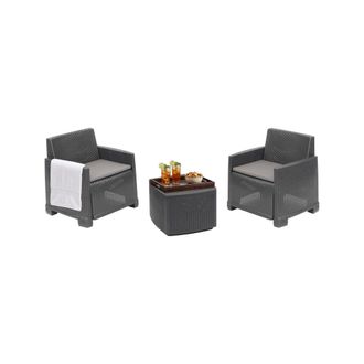 Dmora Conjunto De Sal&oacute;n De Exterior Laigueglia, Conjunto De Jard&iacute;n Con 2 Sillones Y 1 Mesa Contenedor, Efecto Rat&aacute;n Con Cojines, 100% Made In Italy, Antraci