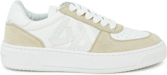 Stuart Weitzman White/Beige Calf Leather Courtside Monogram Sneaker