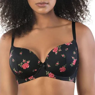 Affinitas Casey Plunge Molded T-Shirt Bra in Black W/Rose Print at Nordstrom, Size 32K