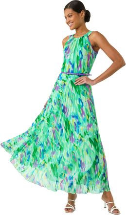Roman Womens Blurred Print Pleated Maxi Dress - Green - Size 14 UK