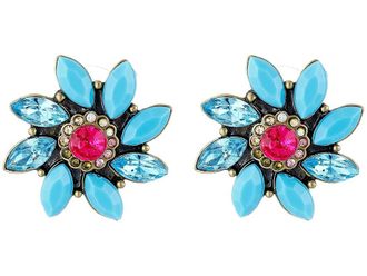 Betsey Johnson Turqs and Caicos Flower Stud Womens Earring Turquoise, Crystal/Gold Tone/Semi-Precious