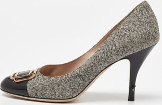 Ferragamo Black/grey Leather And Tweed Buckle Detail Pumps