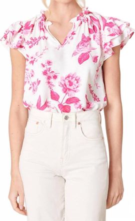 Sugarlips Clarice Floral Bellissima Ruffle Sleeve Top In White/pink