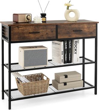 Costway Costway Mesa Consola De 100 Cm, Mesa De Entrada Con 2 Cajones Y 2 Estantes, Estructura De Metal Resistente, Mesa De Sof&aacute; Industrial, Dise&ntilde;o Antivuelco
