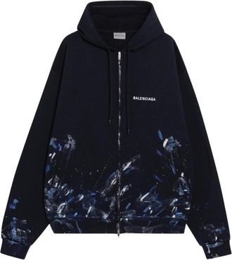 Balenciaga Hoodies & sweatvesten, Heren, Blauw, M, Katoen, Oversized Zip-Up Hoodie met verfspatten
