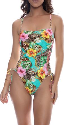 Luli Fama Chain Square Neck Laced Up One Piece in Floral at Nordstrom, Size X-Large