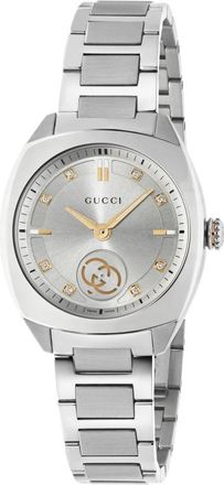 Gucci Ya 142510 - Interlocking 29mm roestvrijstalen kast- zilveren zon geborstelde wijzerplaat met 8 diamanten en roze goud vergulde details- kleine seconde
