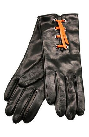 Portolano Eyelet Lace-Up Leather Gloves in Black/Arancio at Nordstrom Rack, Size 8