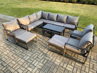 Fimous 13 Seater Aluminium Outdoor Garden Furniture Set Patio Lounge Sofa with Oblong Coffee Table Chair 2 Small Footstools 2 Big Footstools