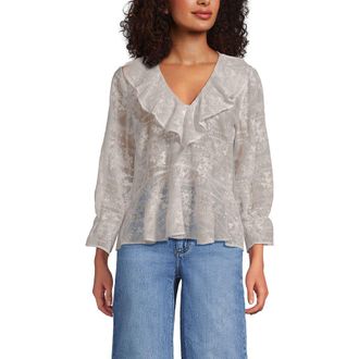 Lands End Feminine Ruffle Chiffon V Neck Blouse in Ivory at Nordstrom, Size X-Small
