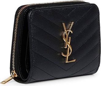 Saint Laurent Womens Zip-Around Wallet Cassandre Black Leather Calfskin & Purses