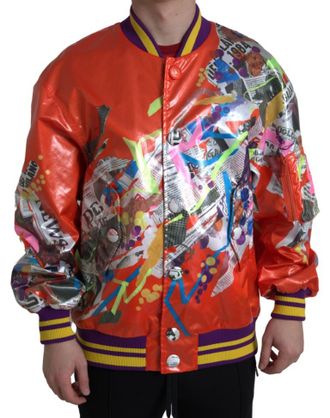 Dolce & Gabbana Mens Printed Satin Baseball Jacket Bomber - Orange - Size EU 46 (Mens)