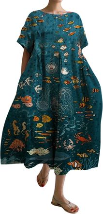 Generic Evening Dresses for Women UK Womens Plus Size Oversized Baggy Boho Floral Cotton Maxi Dresses Flowy Summer Casual Loose Long Dress 2024 Bodycon Dress 