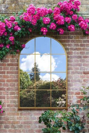 MirrorOutlet Gold Metal Framed Arched Window Wall Garden Mirror (120CM X 80CM) | Size: 1 Pack
