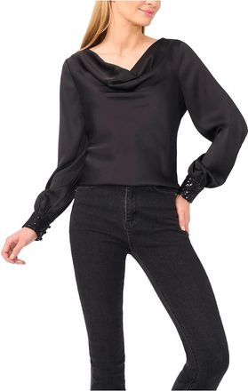 CeCe by Cynthia Steffe Blouse Top Womens Black Satin Cowl Neck Sequin Cuff Pull-On GBO3683