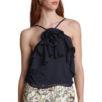 Avec Les Filles Rosette Ruffle Neck Halter Top in Deep Navy at Nordstrom, Size X-Small