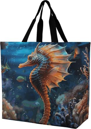 Generic Ocean Sea Horse Shoulder Bag Reusable Shopping Bag Waterproof Handbags For Travel Ladies Picnic