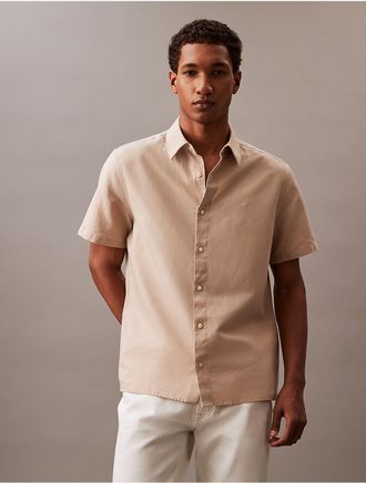 Calvin Klein Mens Solid Linen Blend Classic Button-Down Shirt - Brown - XS