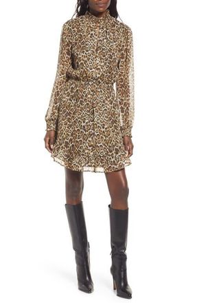 Charles Henry Smocked Cutout Long Sleeve Minidress in Leopard at Nordstrom, Size Medium