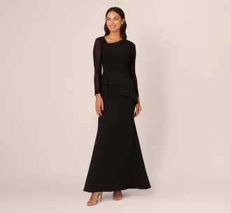 Adrianna Papell Knit Crepe Combo Mesh Gown In Black