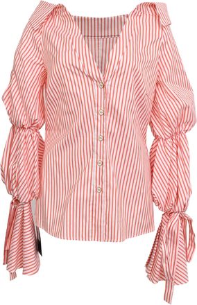 Caroline Constas Margaret Off-the-Shoulder Striped Poplin Shirt in Red Cotton
