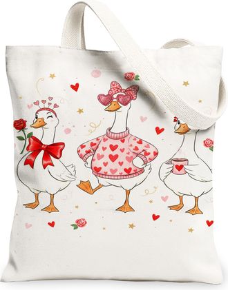 Generic ValentineS Day Geese Canvas Tote Bags, Adorable Love Birds Pattern Reusable Shopping Bags, Lightweight Washable Canvas for, White, 13x15 Inch