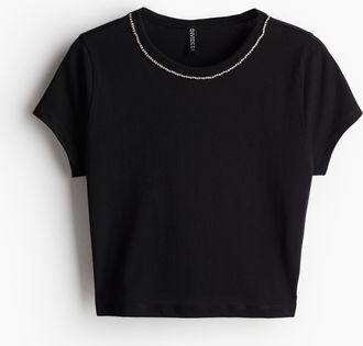 H&M Kurzes T-Shirt mit Verzierung - Schwarz